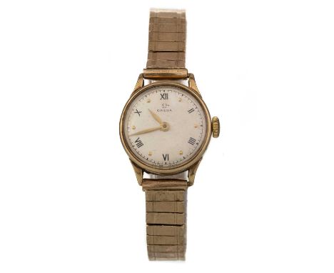 OMEGA NINE CARAT GOLD MANUAL WIND WRIST WATCH, the round dial with Roman and dot hour markers, 19mm case, on a nine carat gol