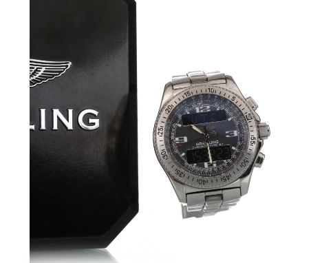 BREITLING STAINLESS STEEL WRIST WATCH,  the round dial with digital displays at 12 and 6, 42mm case, on a stainless steel bra