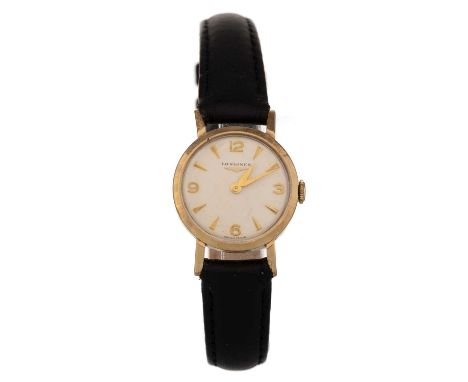 LONGINES NINE CARAT GOLD CASED MANUAL WIND WRIST WATCH, the round dial with Arabic and baton hour markers, 21mm case with per