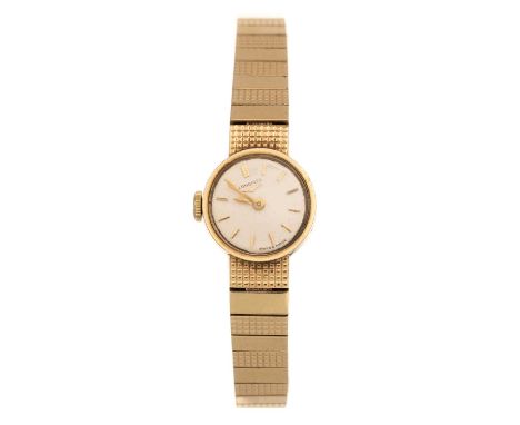 LONGINES NINE CARAT GOLD MANUAL WIND WRIST WATCH,  the round dial with baton hour markers, 15mm case with personal inscriptio