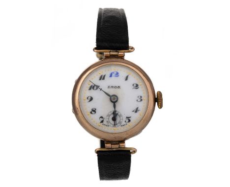 EROS NINE CARAT GOLD CASED MANUAL WIND WRIST WATCH,  the enamel dial with Arabic hour markers, dot outer seconds track, 25mm 
