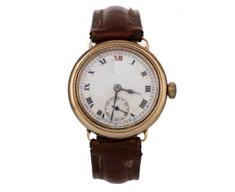ZENITH NINE CARAT GOLD MANUAL WIND WRIST WATCH,  the round enamel dial with Roman hour markers, outer seconds track in blue a