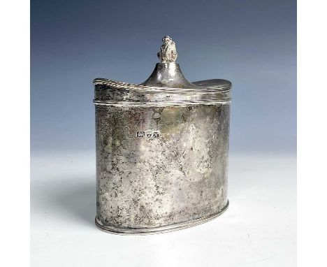 A George V silver George III style oval section tea caddy by George Nathan & Ridley Hayes, the slightly boat shaped hinged li