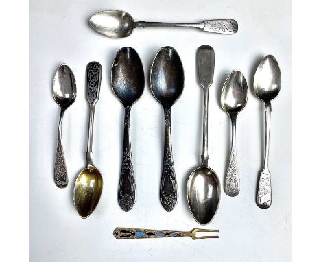 A Russian silver gilt and enamel pickle fork, together with two pairs of Russian silver teaspoons, a nielo spoon, another sil