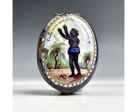 A rare George III Bilston enamel on copper patch box of abolition interest, circa 1770, the hinged lid decorated with a slave