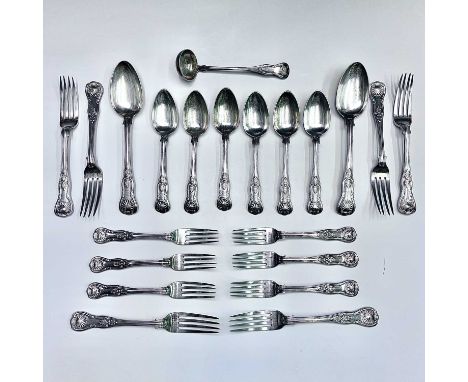 An early Victorian silver part canteen of Kings pattern table wares by Elizabeth Eaton, comprising two table spoons, six tabl