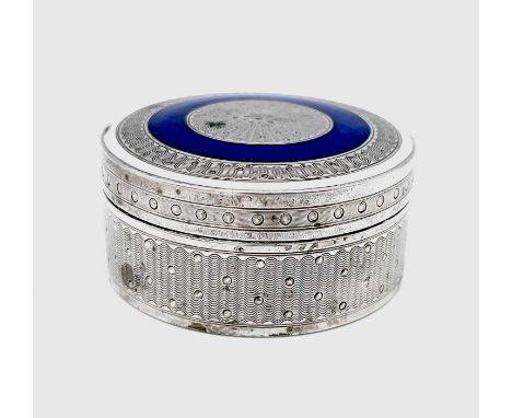 A German 800 silver engine turned and guilloche enamel cylindrical pill or snuff box, diameter 47mm, weight 34.7g.