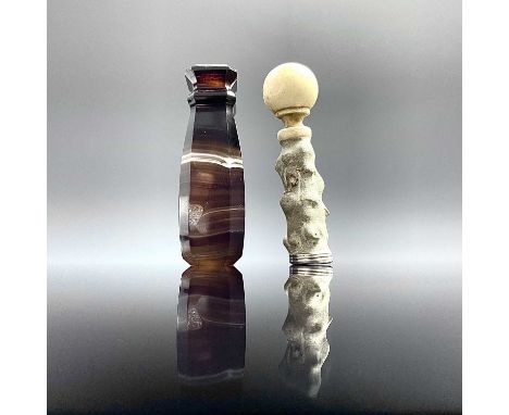 A 19th century banded agate desk seal with blank matrix, length 52mm; together with a 19th turned bone and coral desk seal wi