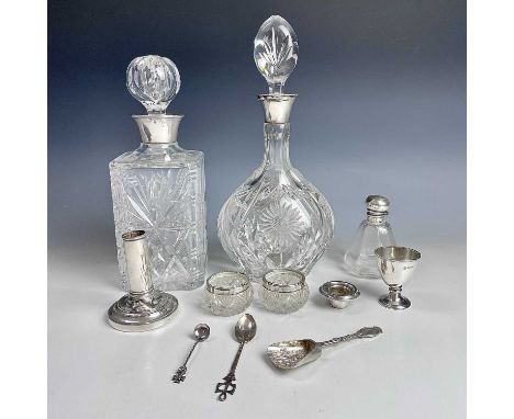 A selection of mixed silver to include two decanters with silver collars, scent bottle, candlestick, etc.