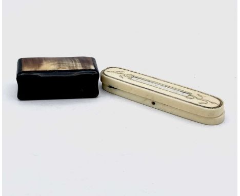 A George III ivory toothpick case with broken rose gold hinge, together with a horn and papier mache snuff box (2)