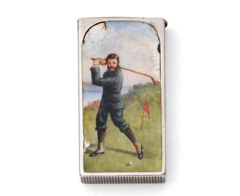 A Victorian Silver and Enamel Golfing Vesta Case, Sampson Mordan & Co, London 1891, the front with a golfer depicted in full 