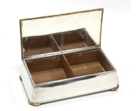 An Indian Art Deco Silver Cigarette Box, Cooke & Kelvey, Calcutta, 1st half 20th century, with hinged cover, fitted wood inte