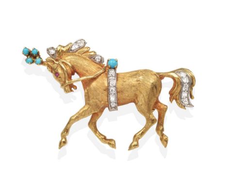 An 18 Carat Gold Diamond and Turquoise Horse Brooch, modelled in a prancing pose, with a cabochon ruby eye and set with eight