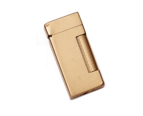 A Dunhill 14ct Gold Cased Lighter, the hinged cover released by the rotating wheel, stamped marks to the underside, Dunhill U
