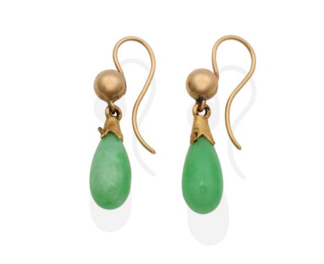 A Pair of Jade Drop Earrings, with hook fittings, drop length 2.2cm see illustration  The earrings are in good condition. The