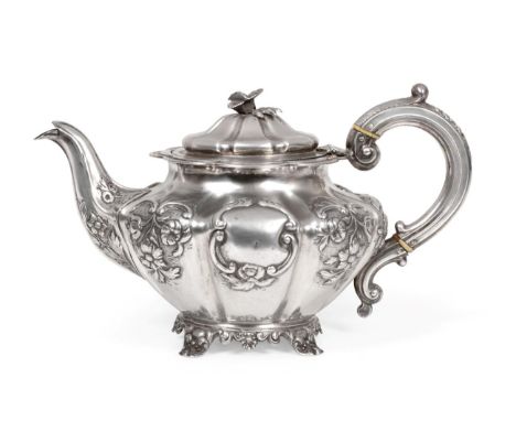 An Early Victorian Silver Teapot, Samuel Hayne & Dudley Cater, London 1840, compressed circular with fluted body, chased with