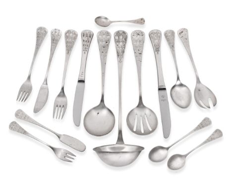 A Part Service of German Silver Flatware, Bjorn Winblad for Rosenthal, 925 standard, mid-20th century, comprising: 6 table kn