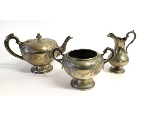 A Victorian Scottish Silver Three Piece Tea Service, maker's mark R.G, Edinburgh 1853, circular on pedestal foot, chased and 