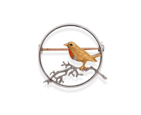 A 9 Carat Two Colour Gold and Enamel Robin Brooch, by Alabaster & Wilson, modelled as a robin perched on a branch in a circul