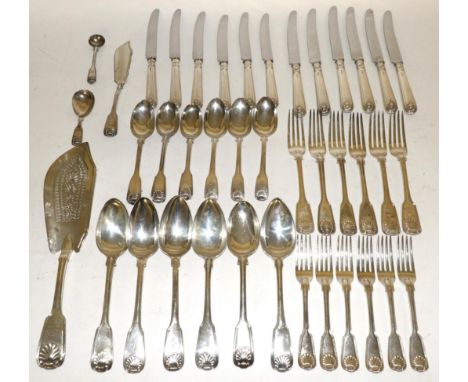 A Composite Service of George III/Victorian Silver Fiddle Thread and Shell Pattern Flatware, various makers including Mary Ch