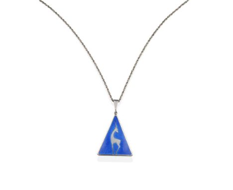 An Enamel Pendant on Chain, by Askel Holmsen, a triangular pendant with the design of a gazelle, on a blue enamel ground, on 