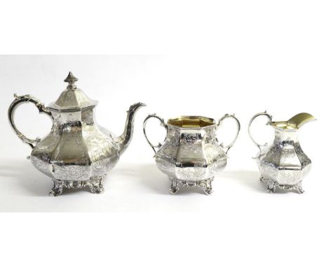 A Victorian Silver Three Piece Tea Service, Robert, James & Josiah Williams, Exeter 1850, octagonal baluster form engraved wi