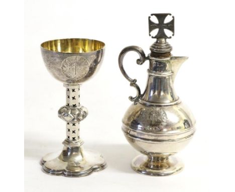 A Victorian Silver Travelling Miniature Chalice and Ewer, Henry Wilkinson & Co, Sheffield 1863, both engraved with the IHS Ch
