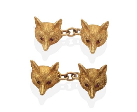 A Pair of 9 Carat Gold Ruby Fox Head Cufflinks, by Alabaster & Wilson, modelled with textured fur and ruby set eyes, chain li