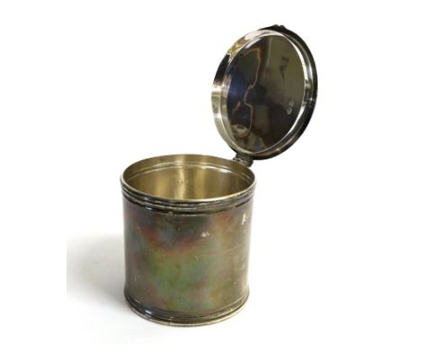 A George V Silver Biscuit Box, William Hutton & Sons, Sheffield 1919, of cylindrical form with hinged cover, 11.5cm high, 14o