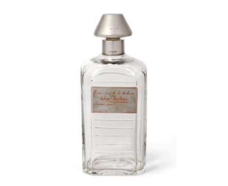 A Novelty Silver Mounted Glass Decanter, Hukin & Heath Ltd, Birmingham 1927, the back with cut horizontal levels, the front w