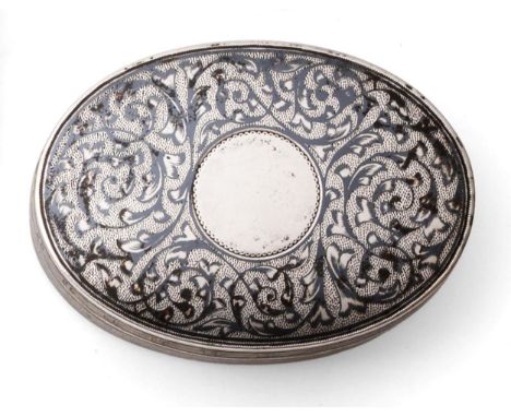 A Russian Silver and Niello Oval Snuff Box, left facing Kokoshnik mark, assayer's initials probably Ivan Lebedkin, circa 1900