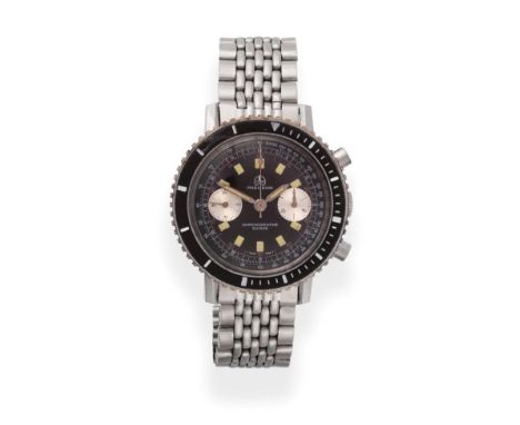 A Stainless Steel Chronograph Wristwatch, signed O W, Precision, circa 1965, lever movement, black dial with luminous baton m