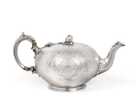 A Victorian Silver Teapot, Messrs Barnard, London 1851, squat circular on short circular foot with hexagonal spout, the cover