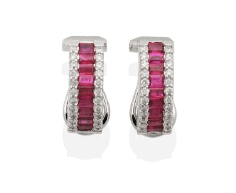A Pair of Ruby and Diamond Half Hoop Earrings, channel set baguette cut rubies flanked by rows of round brilliant cut diamond