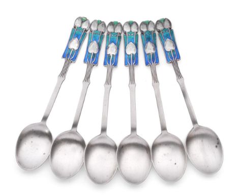 A Set of Six George V Silver and Enamel Teaspoons, Liberty & Co, Birmingham 1929, the design attributed to Archibald Knox, 11