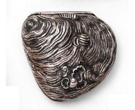 An Unusual Victorian Cast Shell Form Snuff Box, apparently unmarked, 19th century, naturalistically modelled and with hinged 