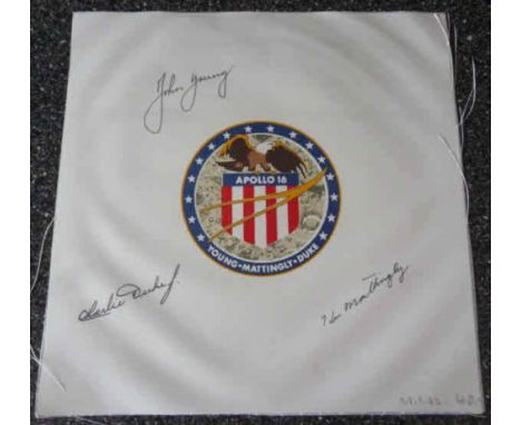 An original Apollo 16 Beta cloth patch with Autopen signatures of Duke, Young and Mattingly in black marker. NOTE. These are 