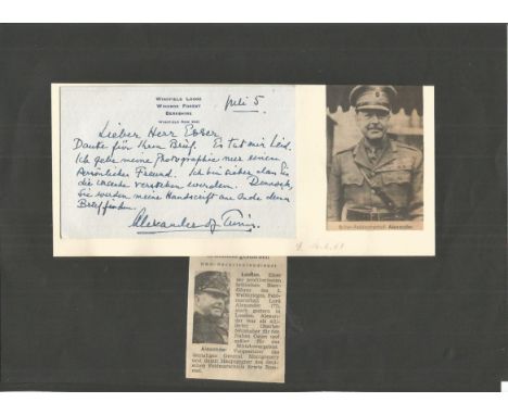 Field Marshall Alexander of Tunis small hand written note on personal stationary card, written in German. Fixed to larger pag