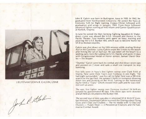 Lieutenant John R. Galvin USNR Signature on pilot profile of WW2 ace with 7 confirmed air-to-air victories in the Pacific the
