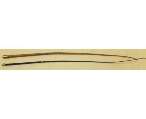 A ladies side saddle crop with yellow metal finial inscribed "Thorn Maker, 185 Regent St.", together with a further riding cr