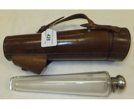 A silver mounted conical glass saddle flask (Birmingham, 1936), housed in leather holder 