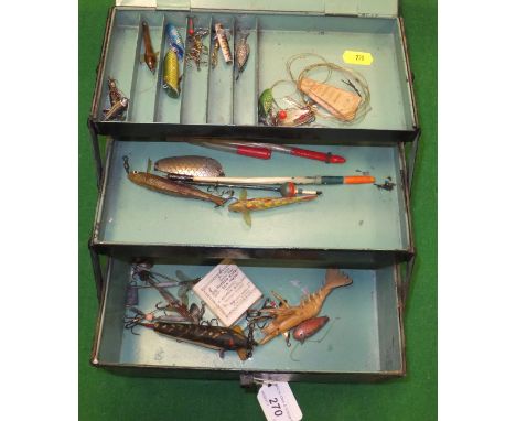 A japanned cantilever "Spintac" spinner case containing a varied selection of vintage spinners and lures with some tackles an
