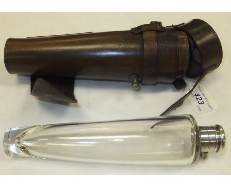 A tapered glass hunting flask with silver plated top by James Dixon & Son, housed in a leather holder