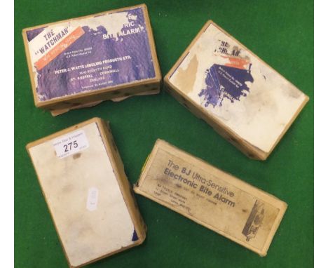A collection of four vintage bite alarms to include three "Watchman" audible electric bite alarms, and a boxed "BJ" electroni