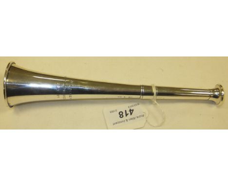 A George V silver hunting horn inscribed "W. Lockey. County Limerick Hunt. 1924-27.", retailed by Swaine & Adeney Limited 185