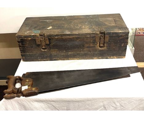 Vintage wooden tool box with tools, to include saws, planes etc 