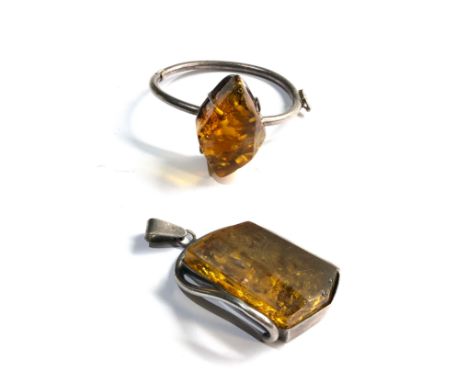 Large amber set silver bangle and pendant xrt tested as silver 