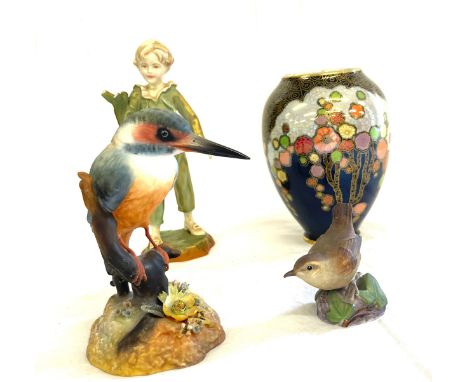 Crown Derby Kingfisher, Royal Worcester parakeet figure, Crown Devon vase, Royal Worcester Wren ornament 