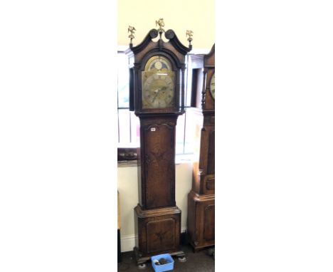 18th century 8 Day brass face moon roller grandfather clock by Noon Ashby oak case cross banded in wallnut&nbsp;