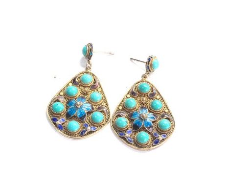 Chinese silver gilt filigree turquoise and enamel earrings measure approx 4.4cm drop by 2.5cm wide 